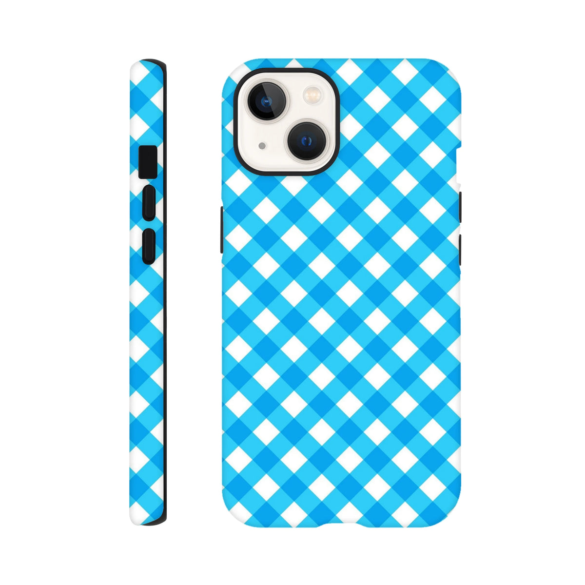 Blue gingham checkered tough iPhone case with retro style, shock-absorbing protection, and wireless charging compatibility.
