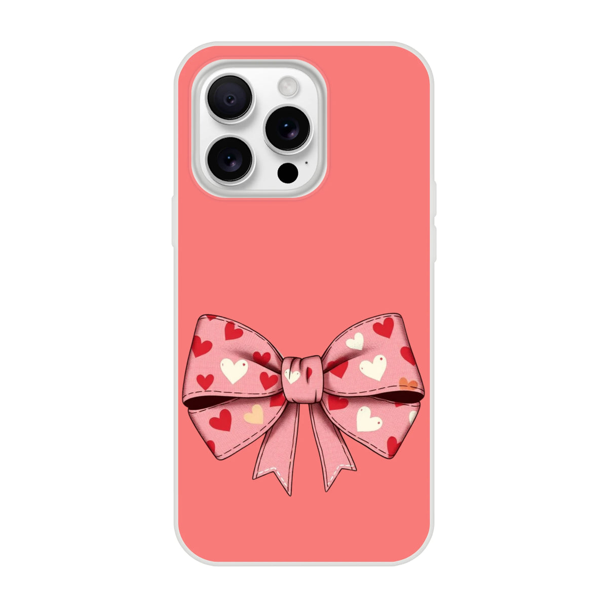 Pink iPhone case featuring a cream bow with heart pattern, for iPhone 13-16, coquette aesthetic.