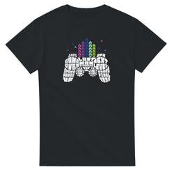 Retro Gamer men's graphic T-shirt on black tee with white text-style controller and multicolored pixel towers.