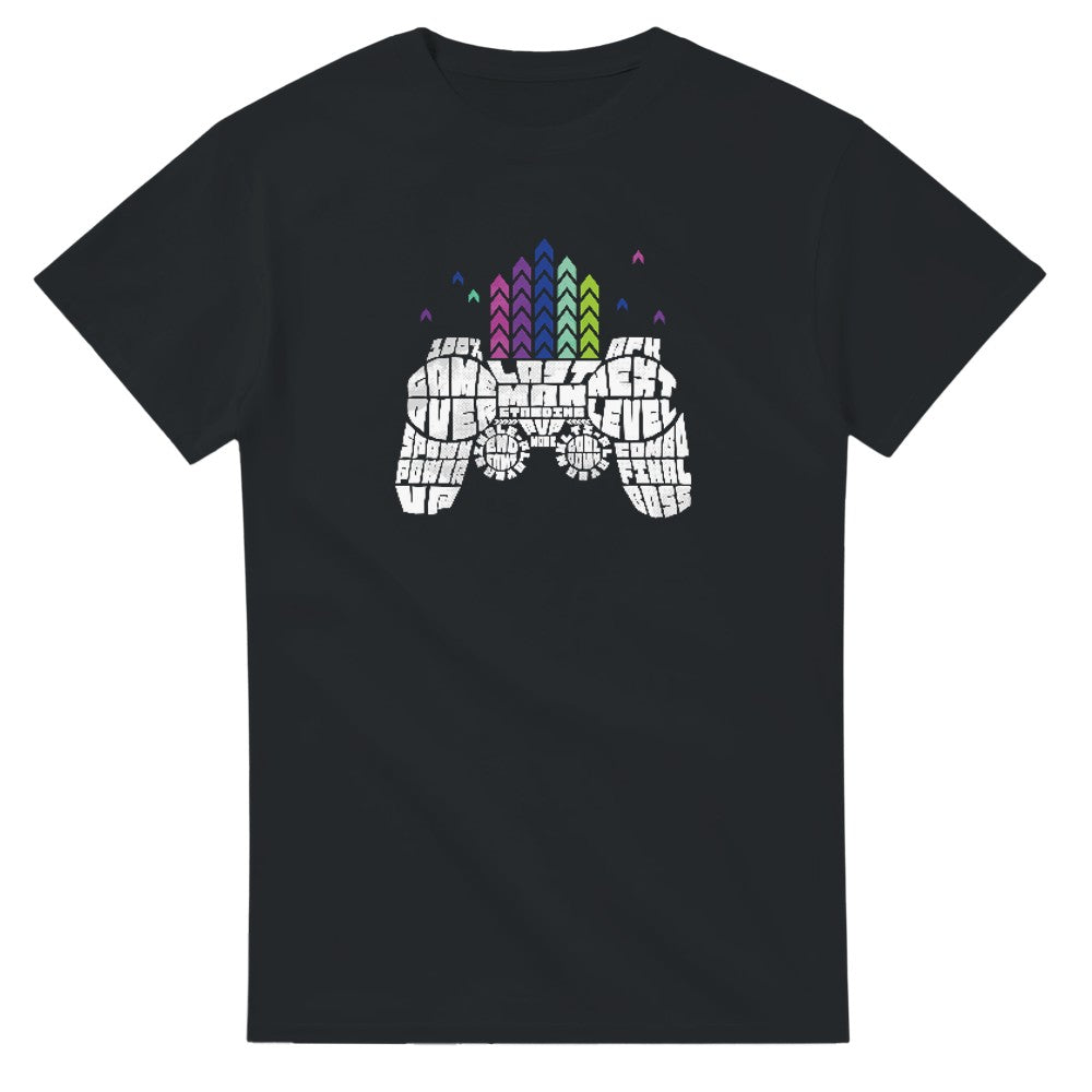Retro Gamer men's graphic T-shirt on black tee with white text-style controller and multicolored pixel towers.