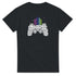 Retro Gamer men's graphic T-shirt on black tee with white text-style controller and multicolored pixel towers.