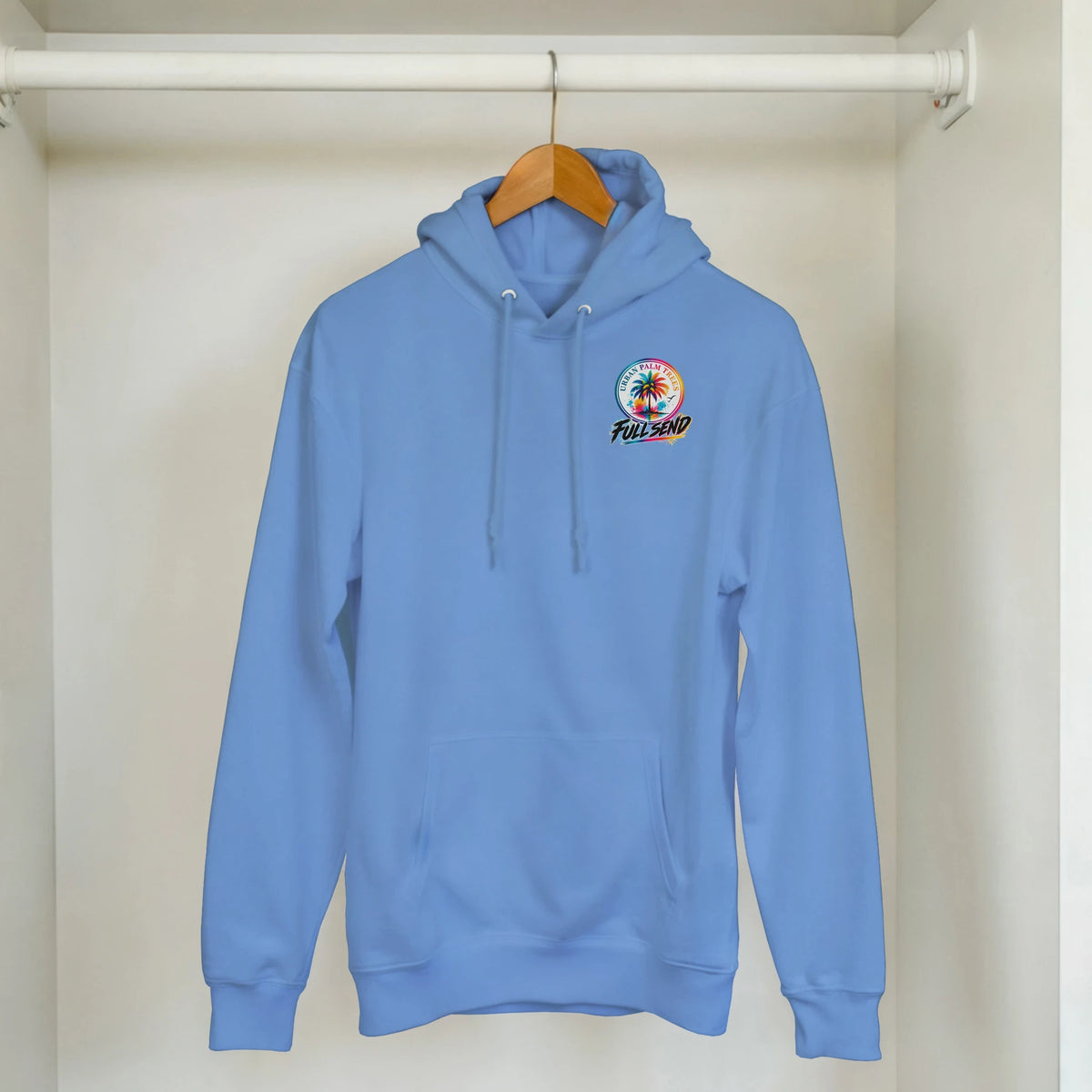 Light blue Full Send Car hoodie for men featuring a Palm Trees graphic, hood, and front pouch pocket for petrolhead streetwear style.