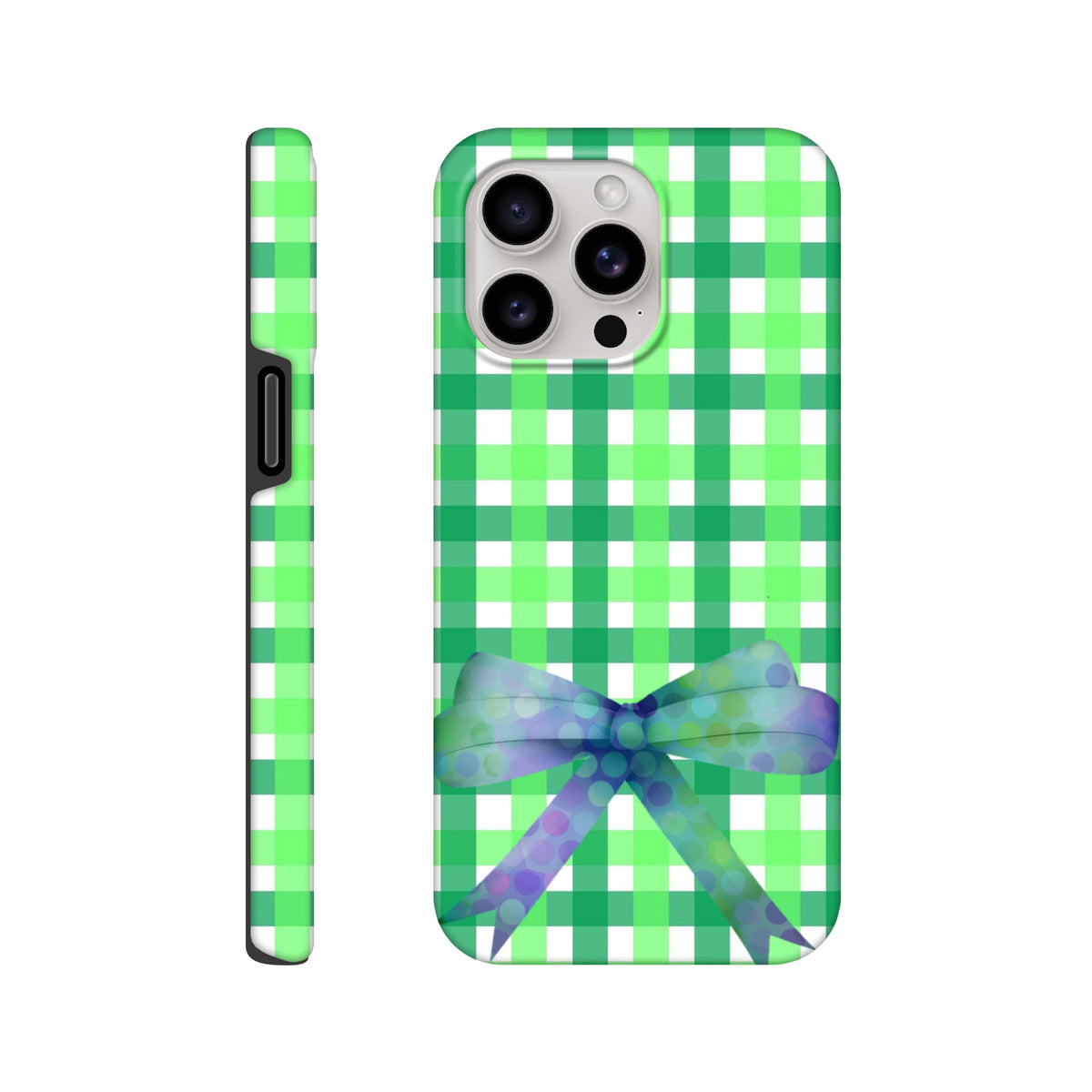 Green gingham iPhone case with a purple polka dot bow. Cute coquette toughness for iPhone 13-16.