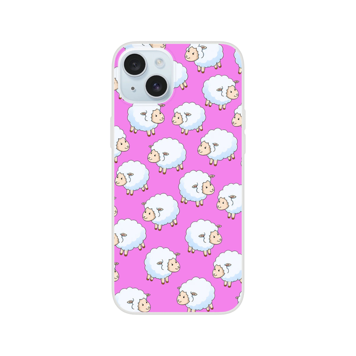 Cute sheep-pattern phone case for iPhone 13-16, pink background with white fluffy sheep.