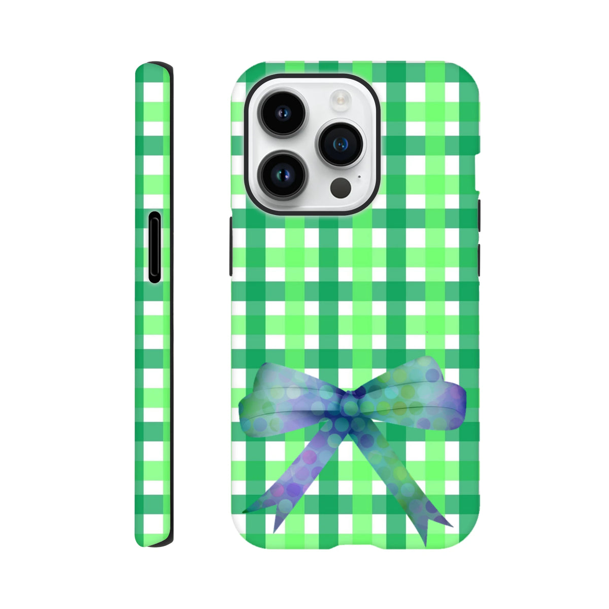 Green gingham iPhone case with a purple polka dot bow, featuring a coquette aesthetic and tough protection for iPhone 13-16.