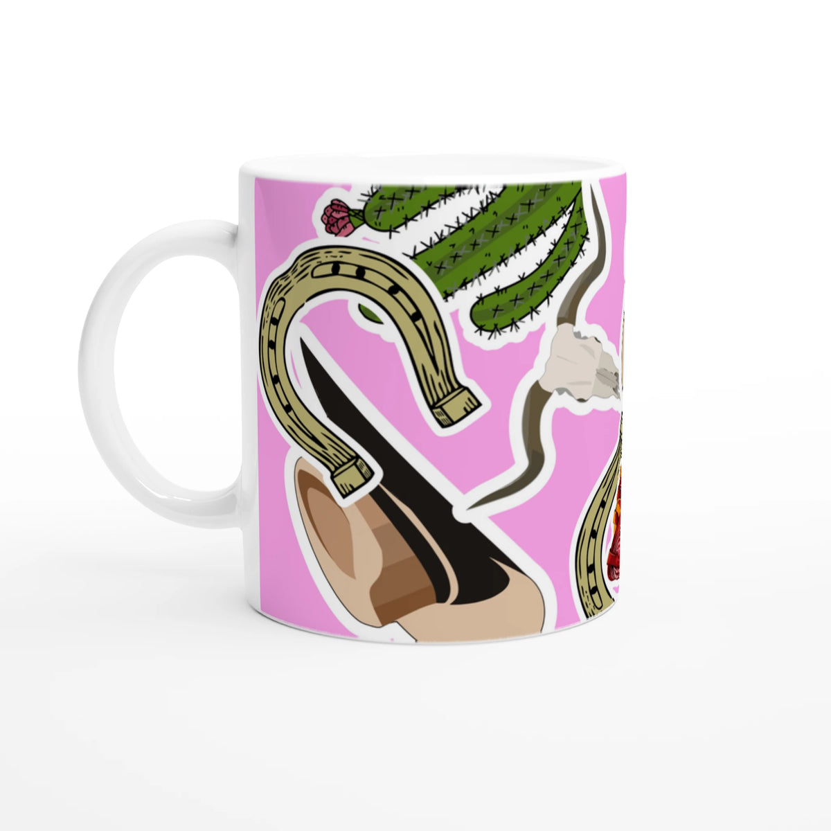 Pink Western Cowboy Ceramic Mug with boots, cactus and horseshoe design.