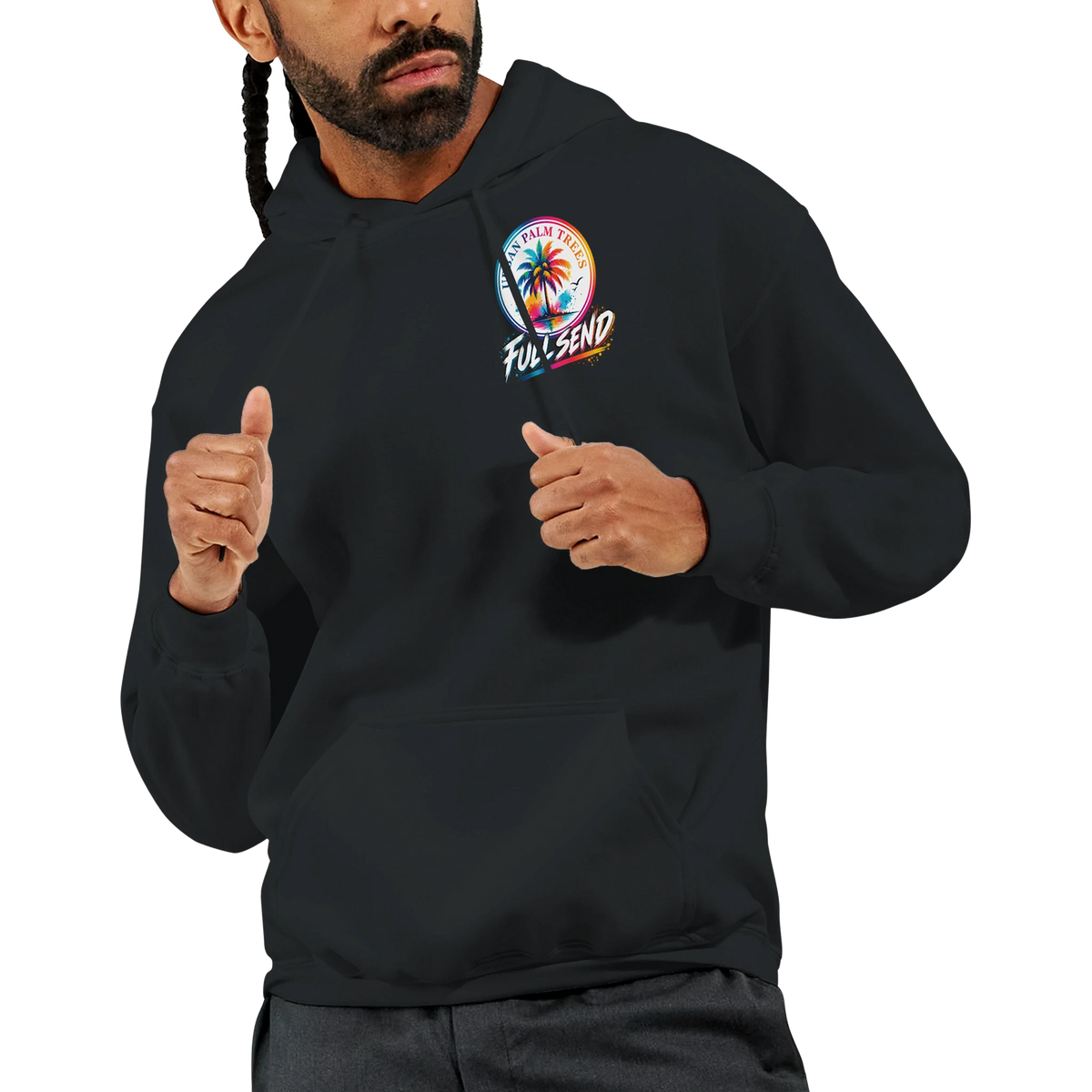 Black men's hoodie featuring colorful "Full Send" palm tree graphic and front pouch pocket for modified car culture style.