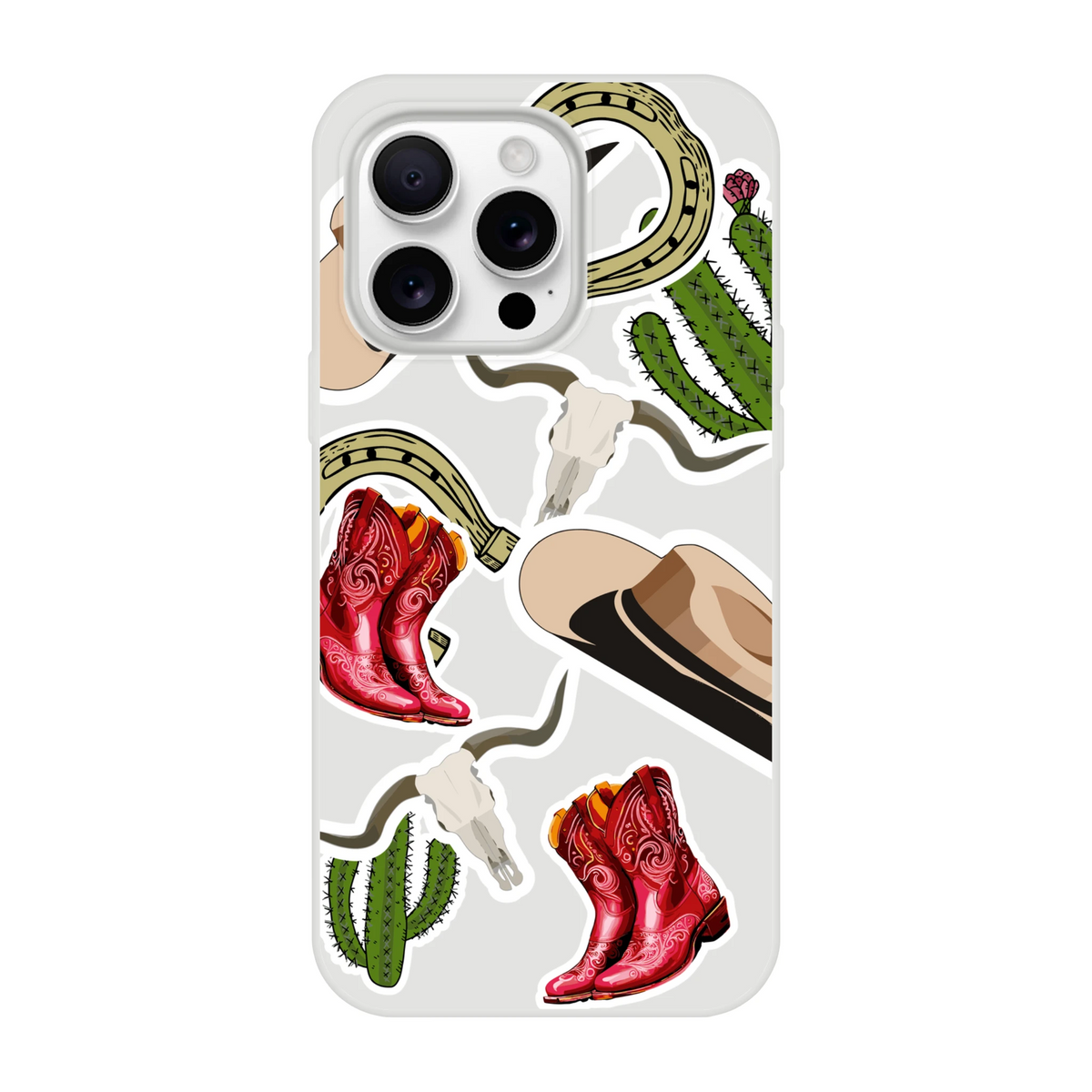 Western cowboy sticker iPhone case for iPhone 13-16 with boots, cactus and horseshoe motifs.
