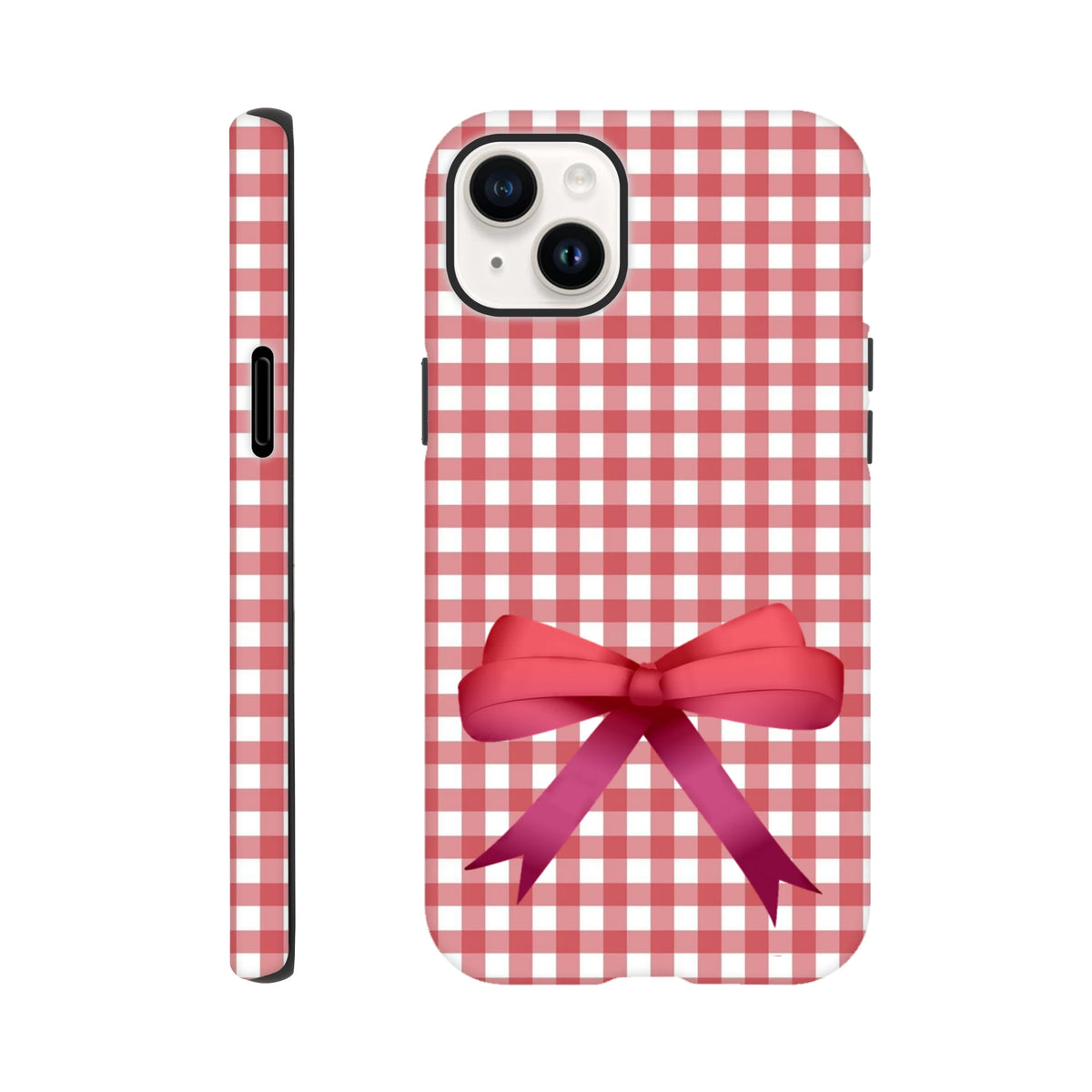 Red gingham iPhone case with a pink bow design. Cute coquette style tough cover for iPhone 13-16.
