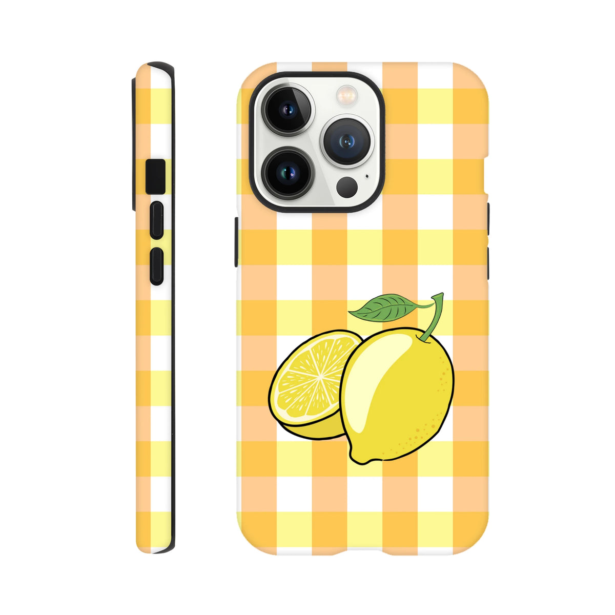 Yellow gingham iPhone case featuring a lemon illustration with solid drop protection for campus and daily use.