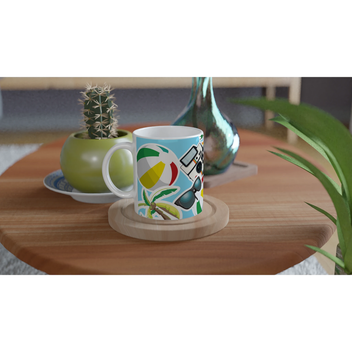 Summer holiday ceramic mug featuring beach ball, palm tree, sunglasses, and camera print on a wooden table.