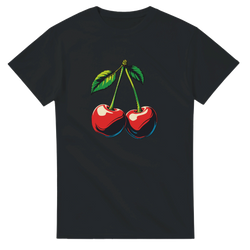 Retro cherry graphic t-shirt for women featuring a vintage red fruit design with green leaves on a black casual tee.