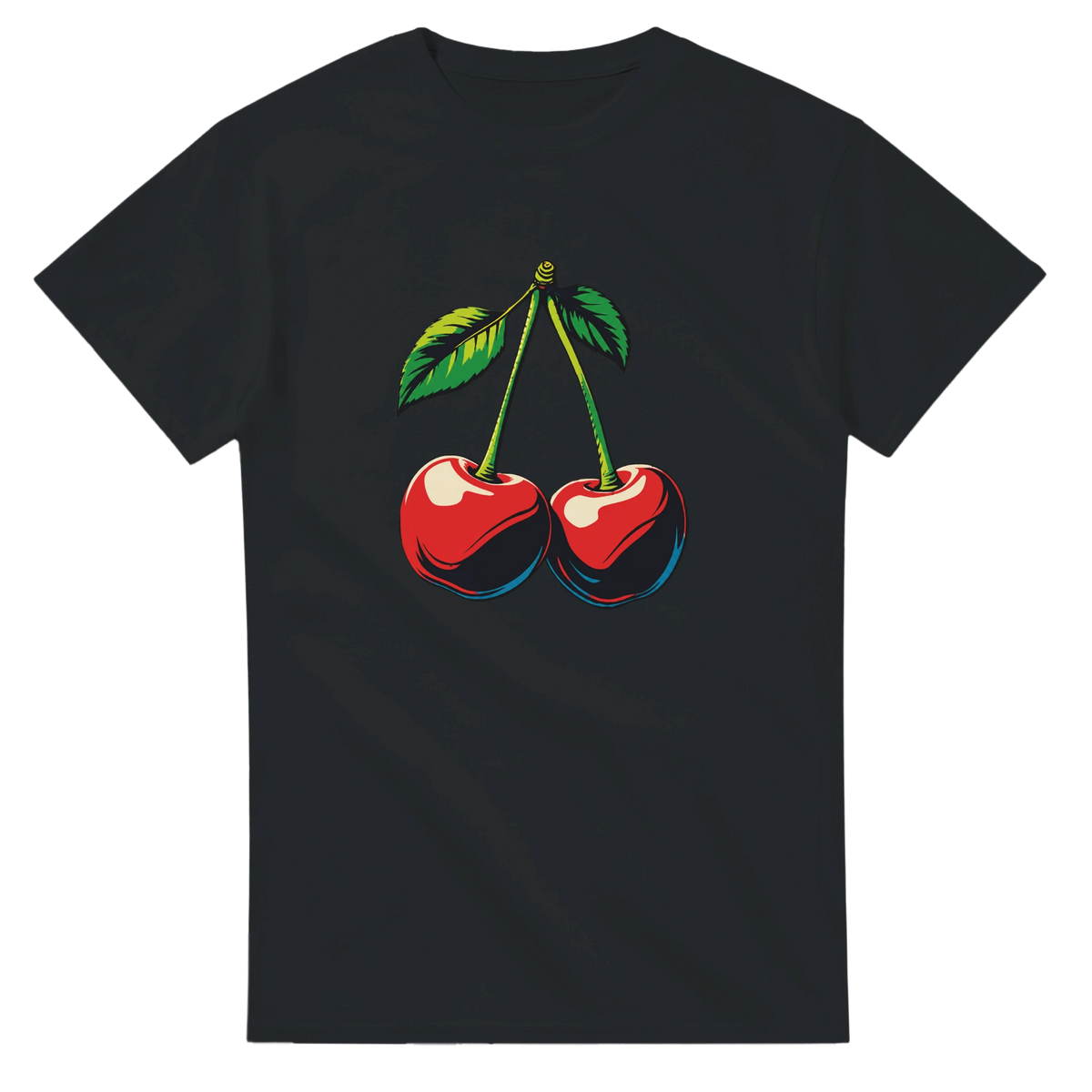 Retro cherry graphic t-shirt for women featuring a vintage red fruit design with green leaves on a black casual tee.