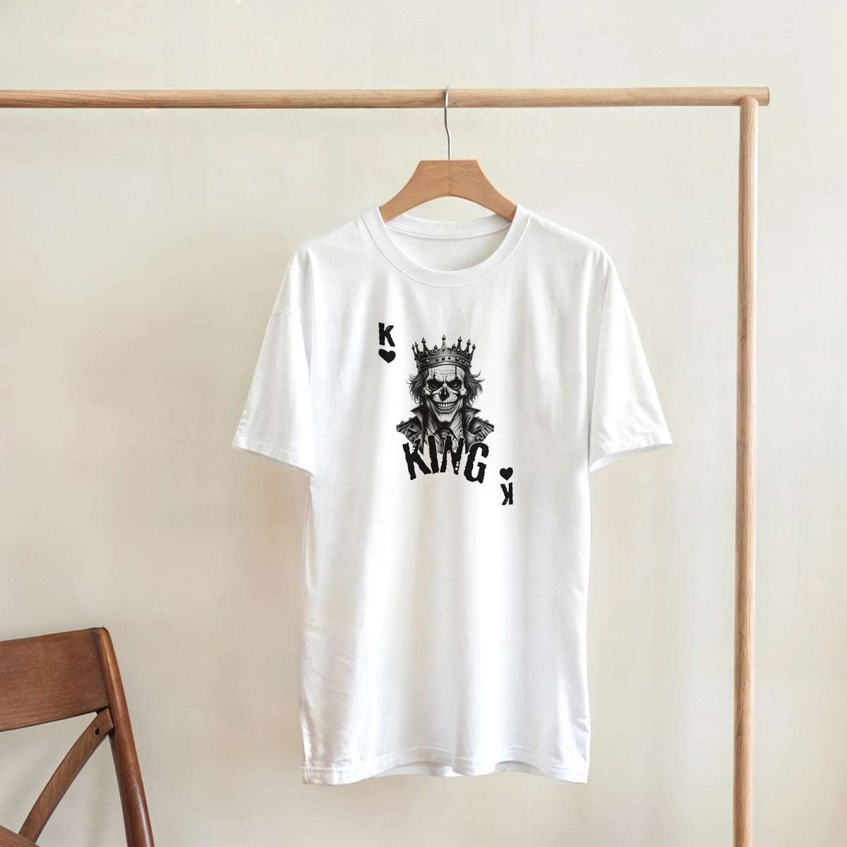 White men's gothic streetwear tee featuring a King Skull Poker graphic with a crowned skull and playing card motifs.
