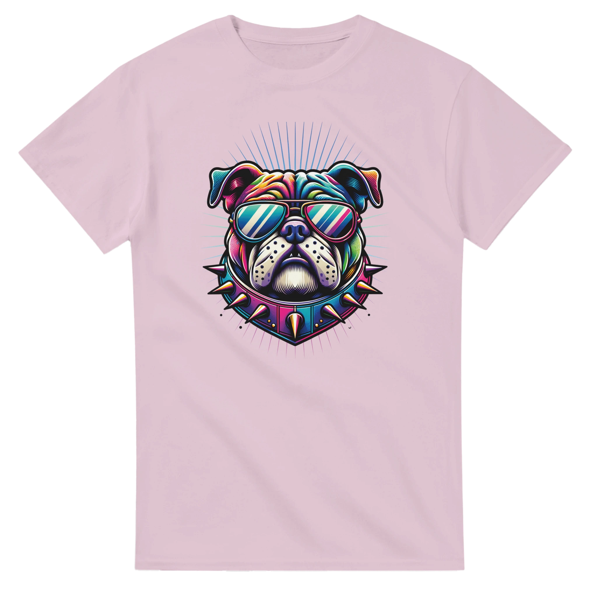 Colorful bulldog graphic on a pink women's tee, featuring sunglasses and a spiked collar.