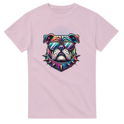 Colorful bulldog graphic on a pink women's tee, featuring sunglasses and a spiked collar.