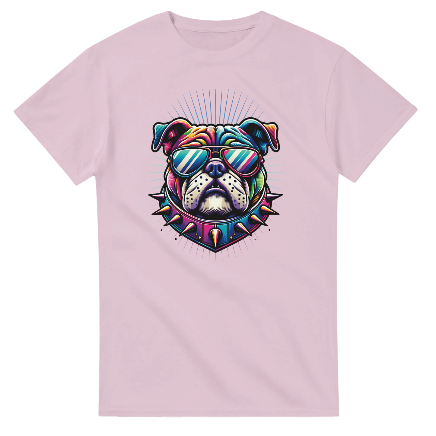 Colorful bulldog graphic on a pink women's tee, featuring sunglasses and a spiked collar.