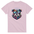 Colorful bulldog graphic on a pink women's tee, featuring sunglasses and a spiked collar.
