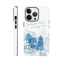 Tough iPhone case featuring a blue line art illustration of Santorini domes and ocean views with script text.