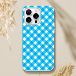 Blue gingham iPhone case for 13-16 models with a white-and-blue checkered pattern.