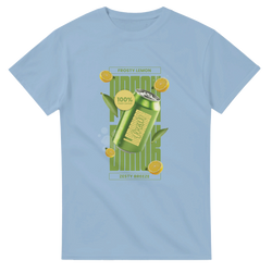 Light blue graphic tee featuring a retro green lemon soda can design with floating yellow lemons and zesty breeze text.