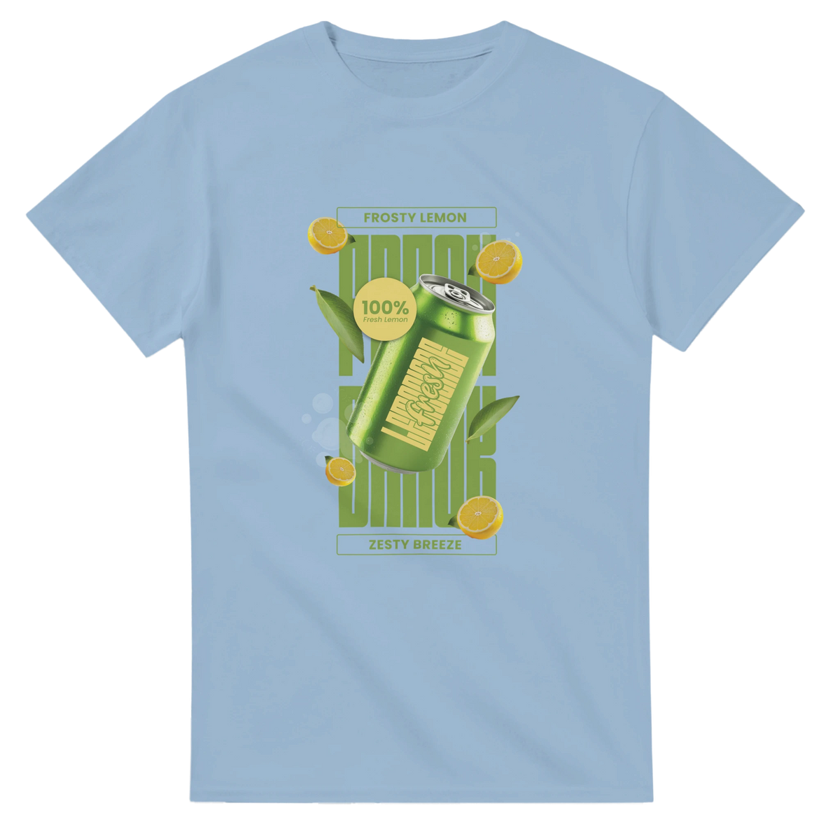 Light blue graphic tee featuring a retro green lemon soda can design with floating yellow lemons and zesty breeze text.