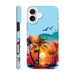 Tropical sunset palm tree iPhone case featuring vibrant beach scenery, silhouetted palms, and flying birds for drop resistance.