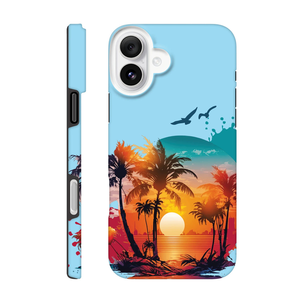 Tropical sunset palm tree iPhone case featuring vibrant beach scenery, silhouetted palms, and flying birds for drop resistance.