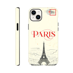 Vintage-style iPhone case featuring a Paris Eiffel Tower sketch, red script text, and an airmail stamp design.