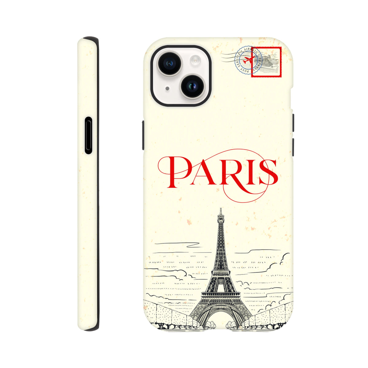 Vintage-style iPhone case featuring a Paris Eiffel Tower sketch, red script text, and an airmail stamp design.