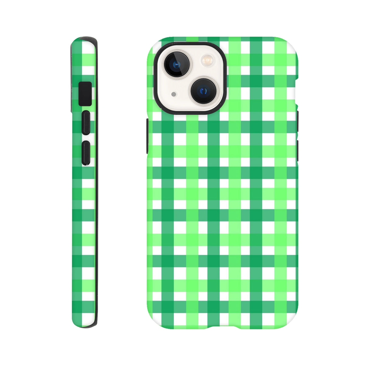 Retro green gingham iPhone case with bold plaid pattern. Tough, cute vintage phone cover featuring wraparound design for daily commutes and streetwear.