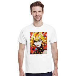 White tee featuring colorful 70s pop art girl print with blonde hair and retro psychedelic polka dots for men's streetwear.