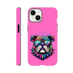 Pink tough iPhone case featuring a colorful retro bulldog in sunglasses with a spiked collar for shock absorption.