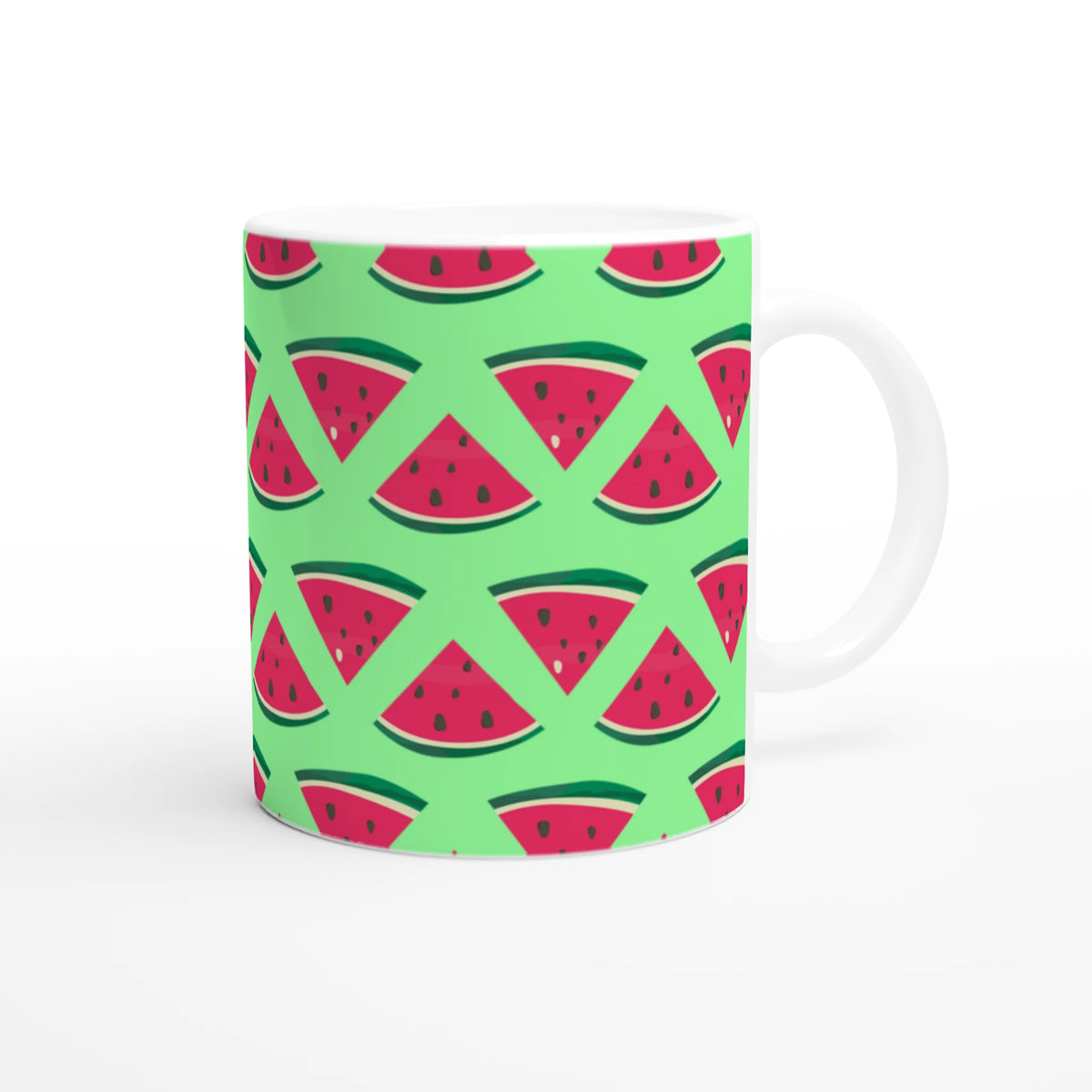 Cute ceramic coffee cup featuring a playful green watermelon slice pattern for a fresh summer vibe.