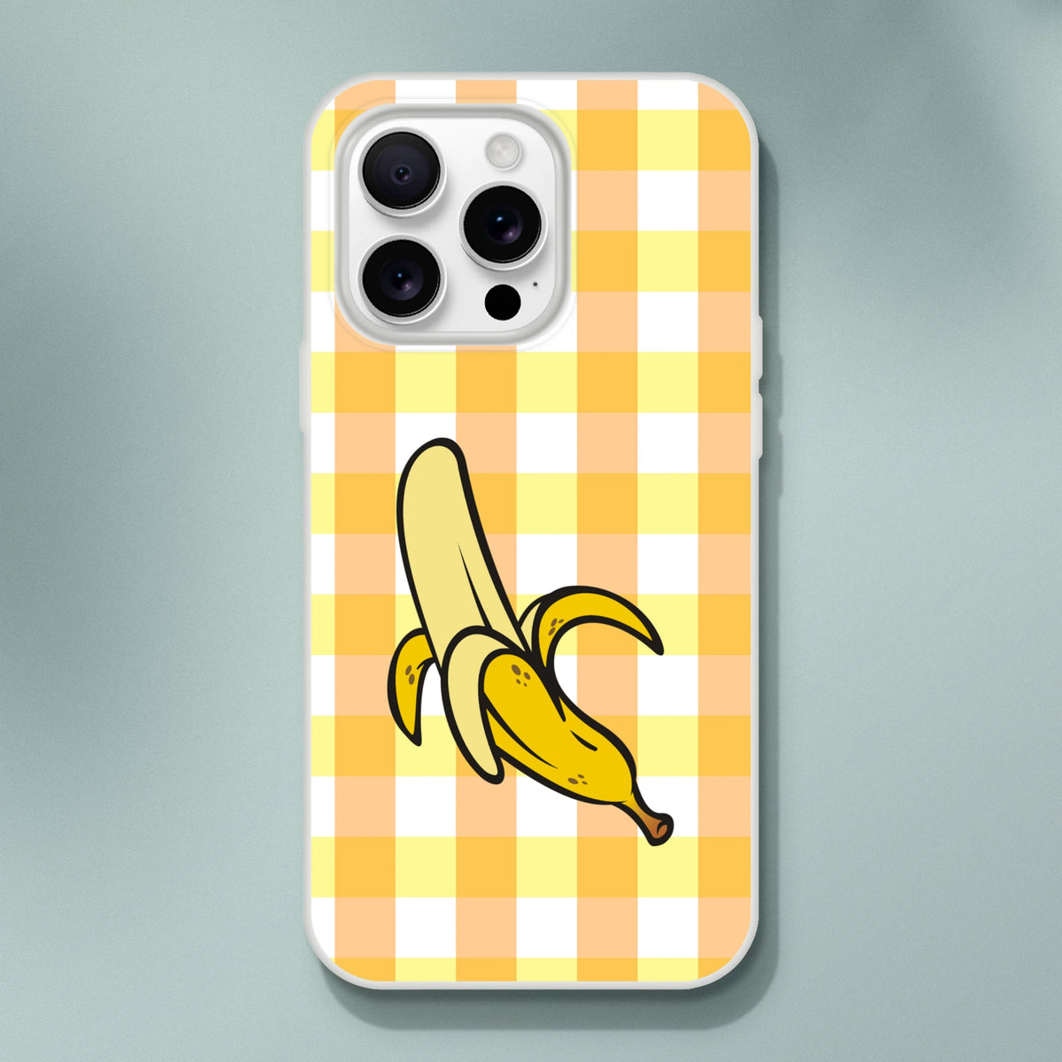 Banana gingham yellow iPhone case for 13-16, bold streetwear-inspired protective shell.