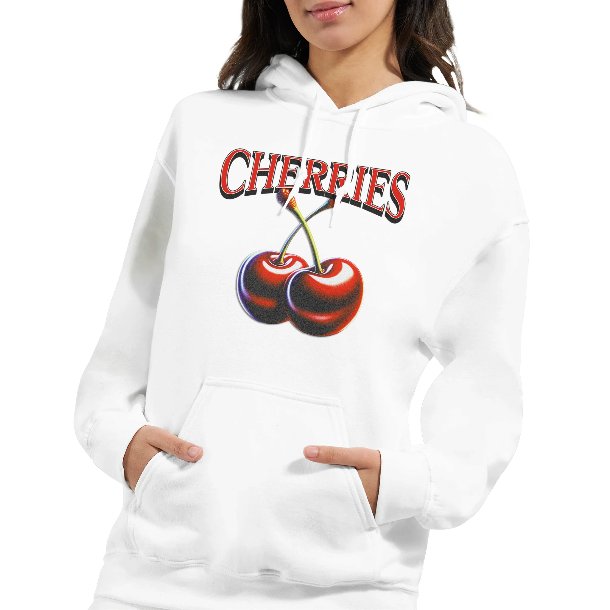 Women's Y2K Cherries Hoodie with bold cherries graphic and CHERRIES lettering.