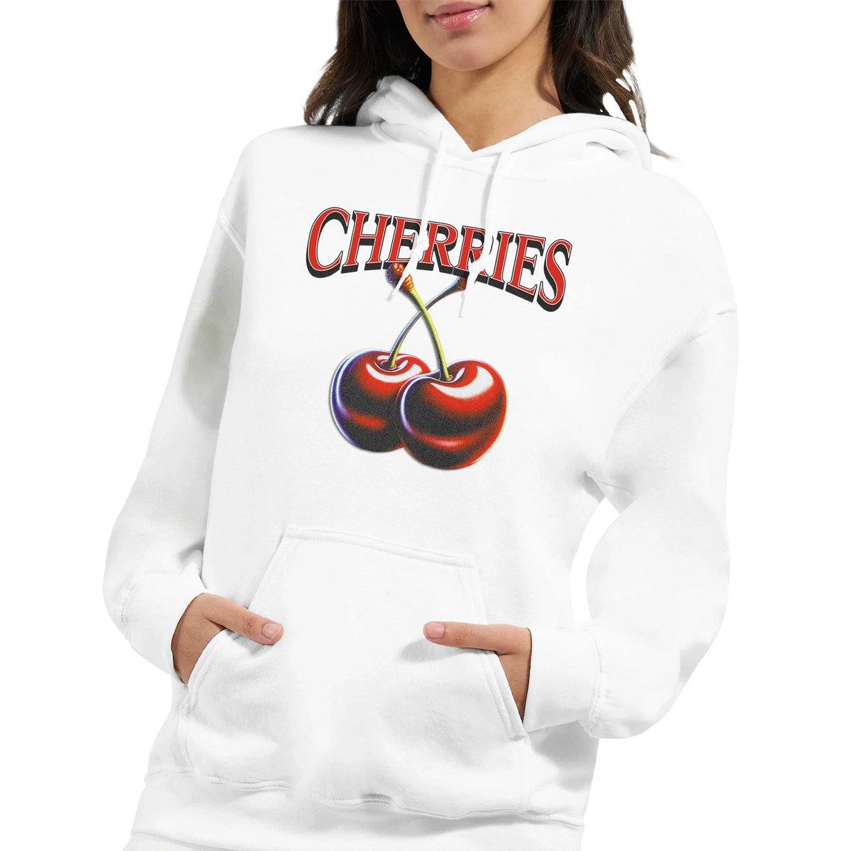 Women's Y2K Cherries Hoodie with bold cherries graphic and CHERRIES lettering.