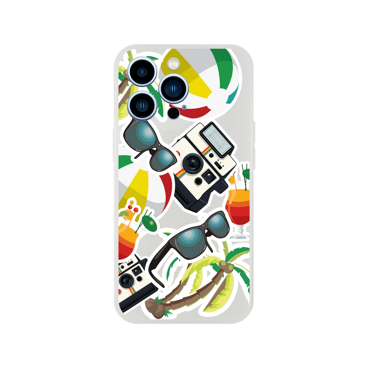 Transparent iPhone case featuring a summer sticker collage with palm trees, vintage cameras, sunglasses, and beach balls.