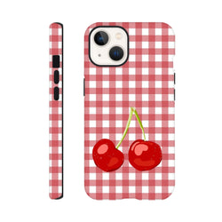 Cute cherry gingham iPhone case featuring a red checkered pattern and illustrated cherries for drop protection.