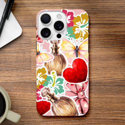 Tough iPhone case with pink floral sticker effect, butterfly cover, and perfume bottle graphics in vibrant colors.