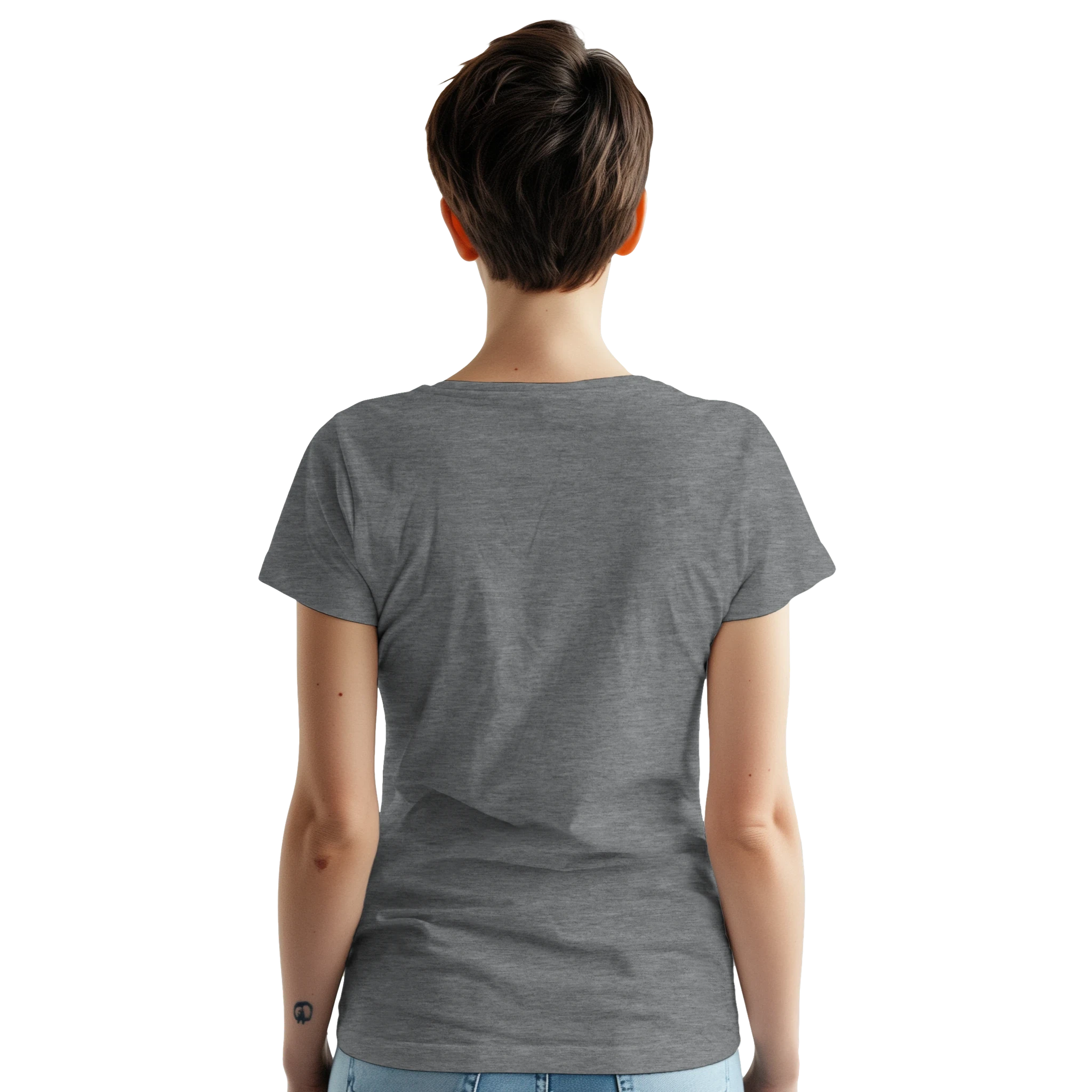 Back view of a woman wearing Good Vibes Only T Shirt Women's Graphic Tee in soft cotton blend.