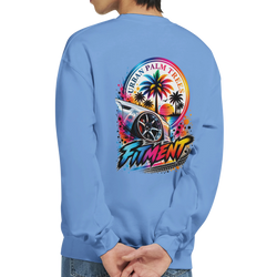 Blue sweatshirt back featuring colorful graphic of modified car wheel, palm trees, sunset, and "Fitment" text for car culture style.