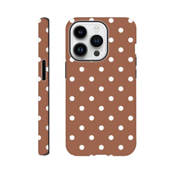 Retro brown and white polka dot tough iPhone case with shock-absorbing TPU protection for iPhone 13-16 Pro Max.