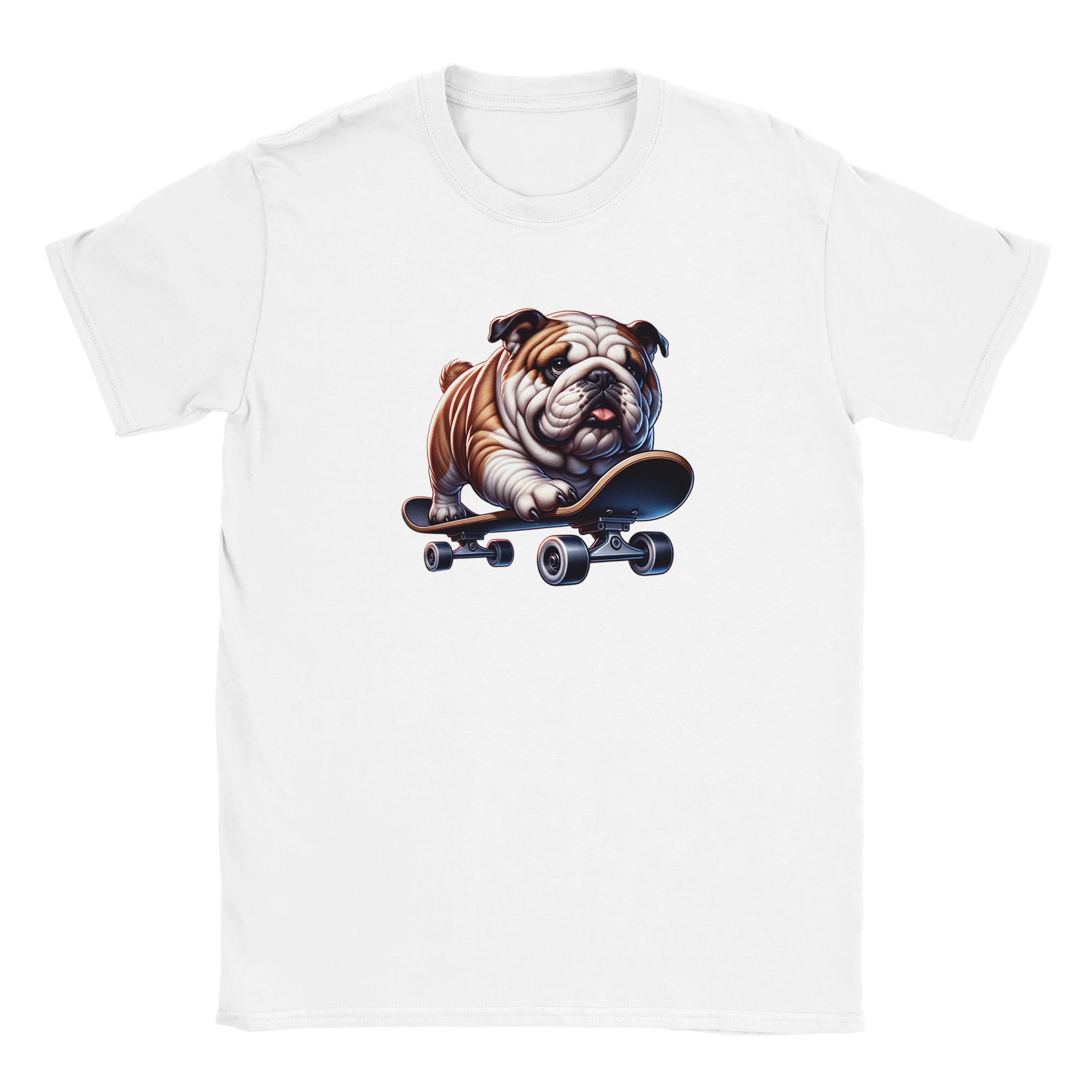 White T-shirt featuring a bulldog riding a skateboard graphic; soft cotton blend fabric.