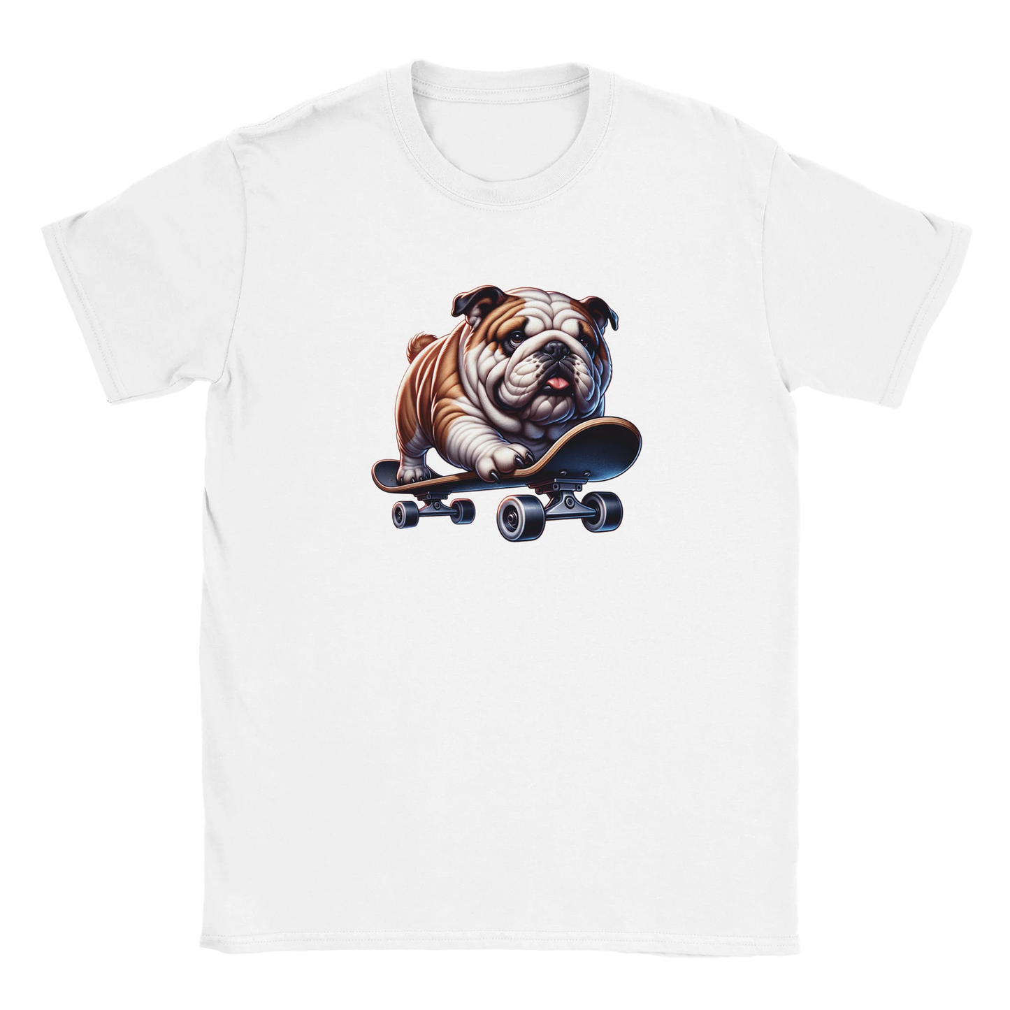White T-shirt featuring a bulldog riding a skateboard graphic; soft cotton blend fabric.