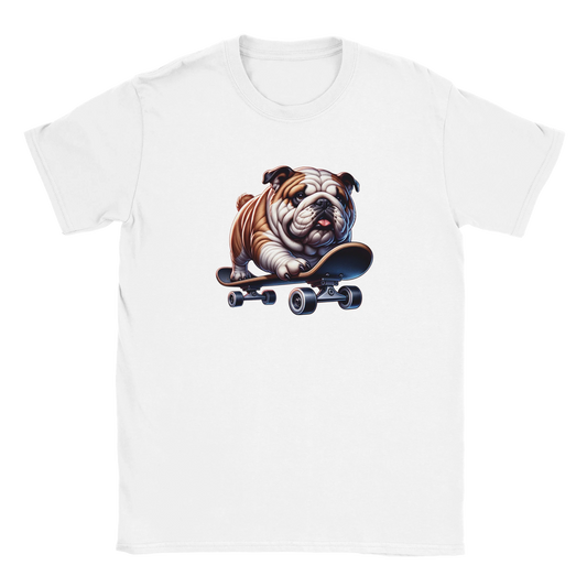 White T-shirt featuring a bulldog riding a skateboard graphic; soft cotton blend fabric.