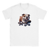 White T-shirt featuring a bulldog riding a skateboard graphic; soft cotton blend fabric.
