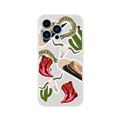 Western iPhone case featuring red cowboy boots, cactus, horseshoe, and longhorn skull sticker graphics. Shockproof cover for iPhone 13-16.