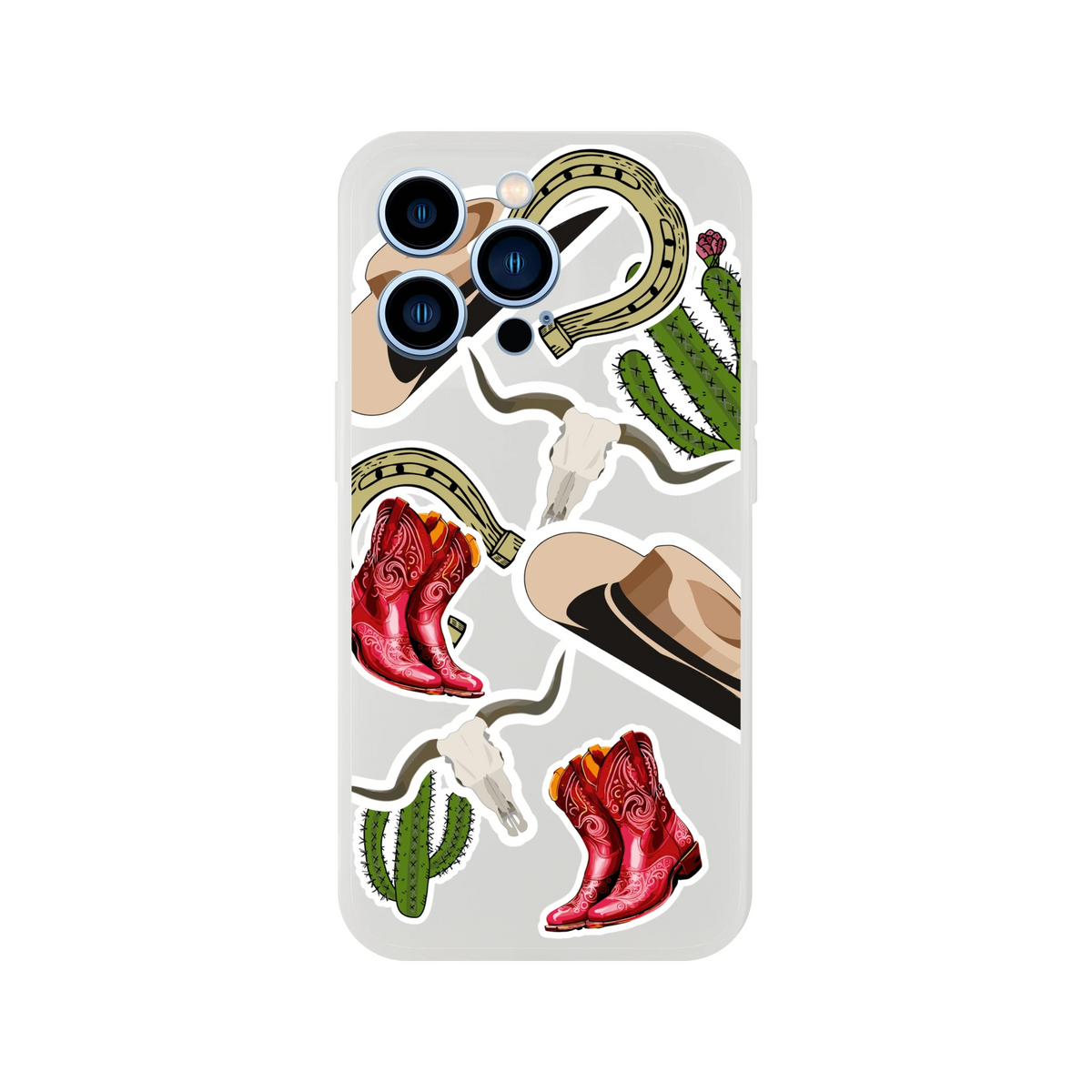 Western iPhone case featuring red cowboy boots, cactus, horseshoe, and longhorn skull sticker graphics. Shockproof cover for iPhone 13-16.