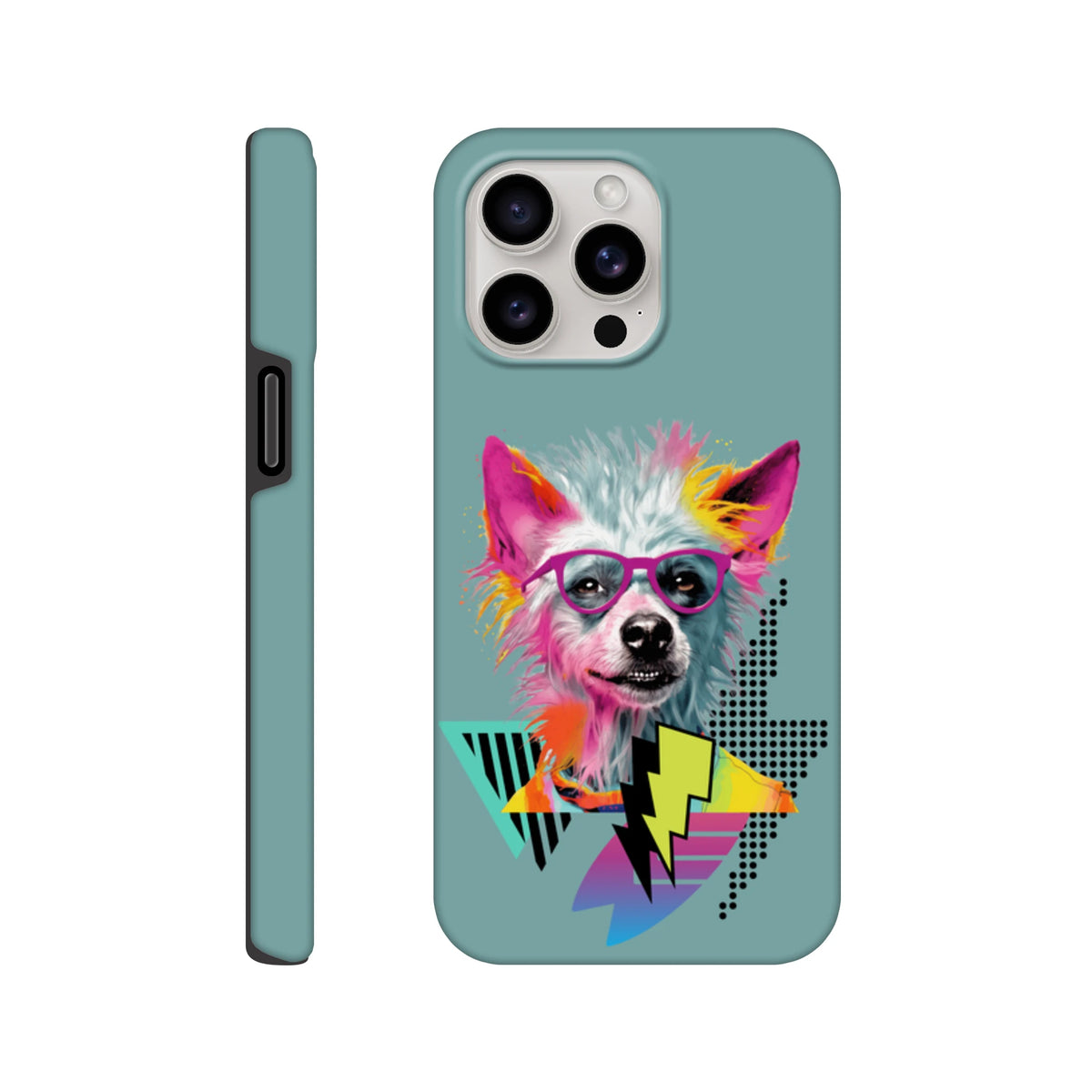 Teal tough iPhone case featuring a vibrant retro pop art dog with pink glasses and geometric lightning bolts.